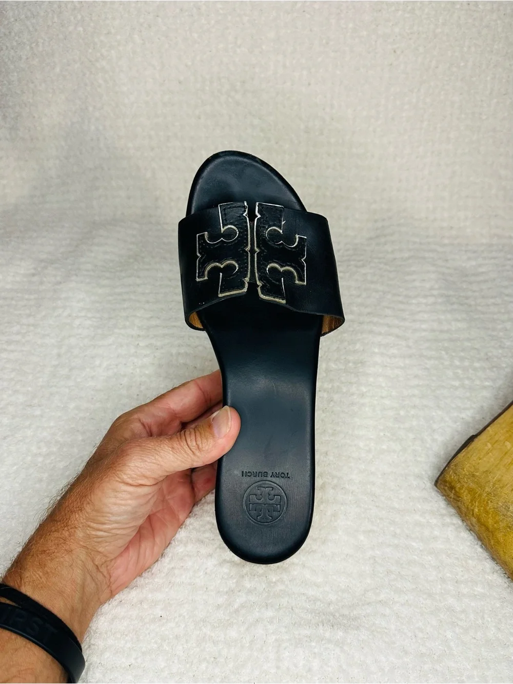 Tory Burch Black Leather Slide Wedge Mules with Logo Strap